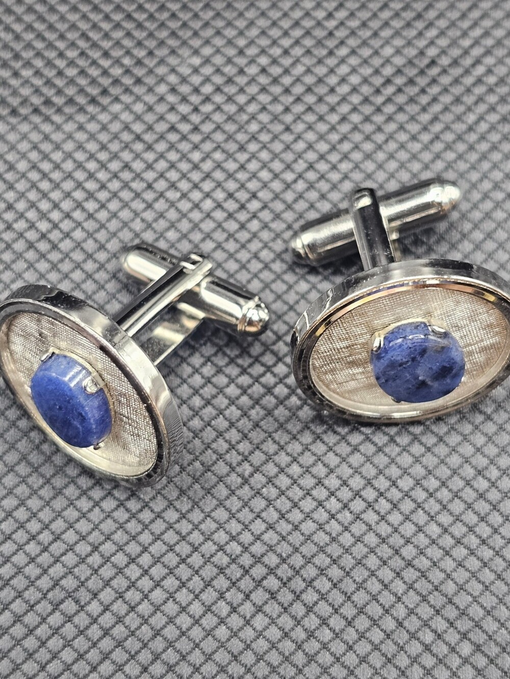 Vintage Silver Tone Cufflinks with Blue Stone Inlay